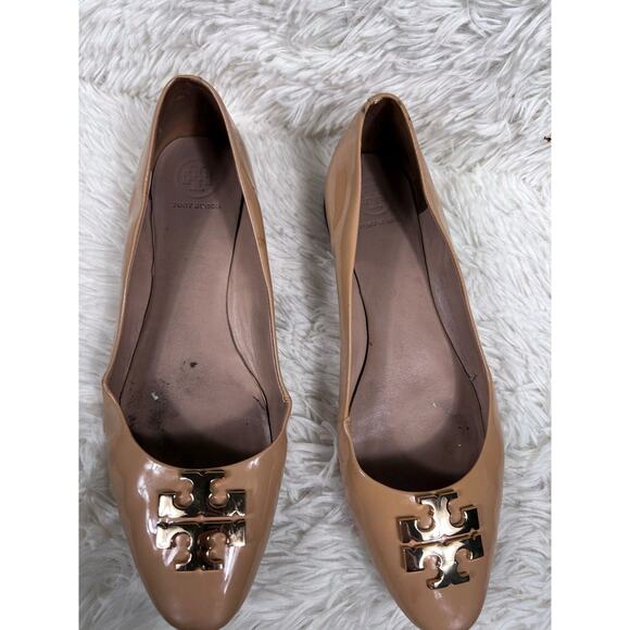 Tory Burch Raleigh Leather Ballet Flats Gold Logo Womens Size 9.5M Beige - Picture 5 of 13